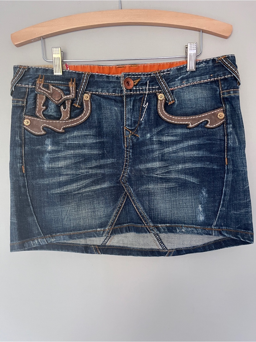 Vintage Y2K Tough Jeansmith Low Rise Denim Mini Skirt W27 Western Leather Trim